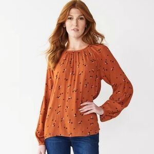 Sonoma orange/brown floral gauze balloon sleeve blouse size small